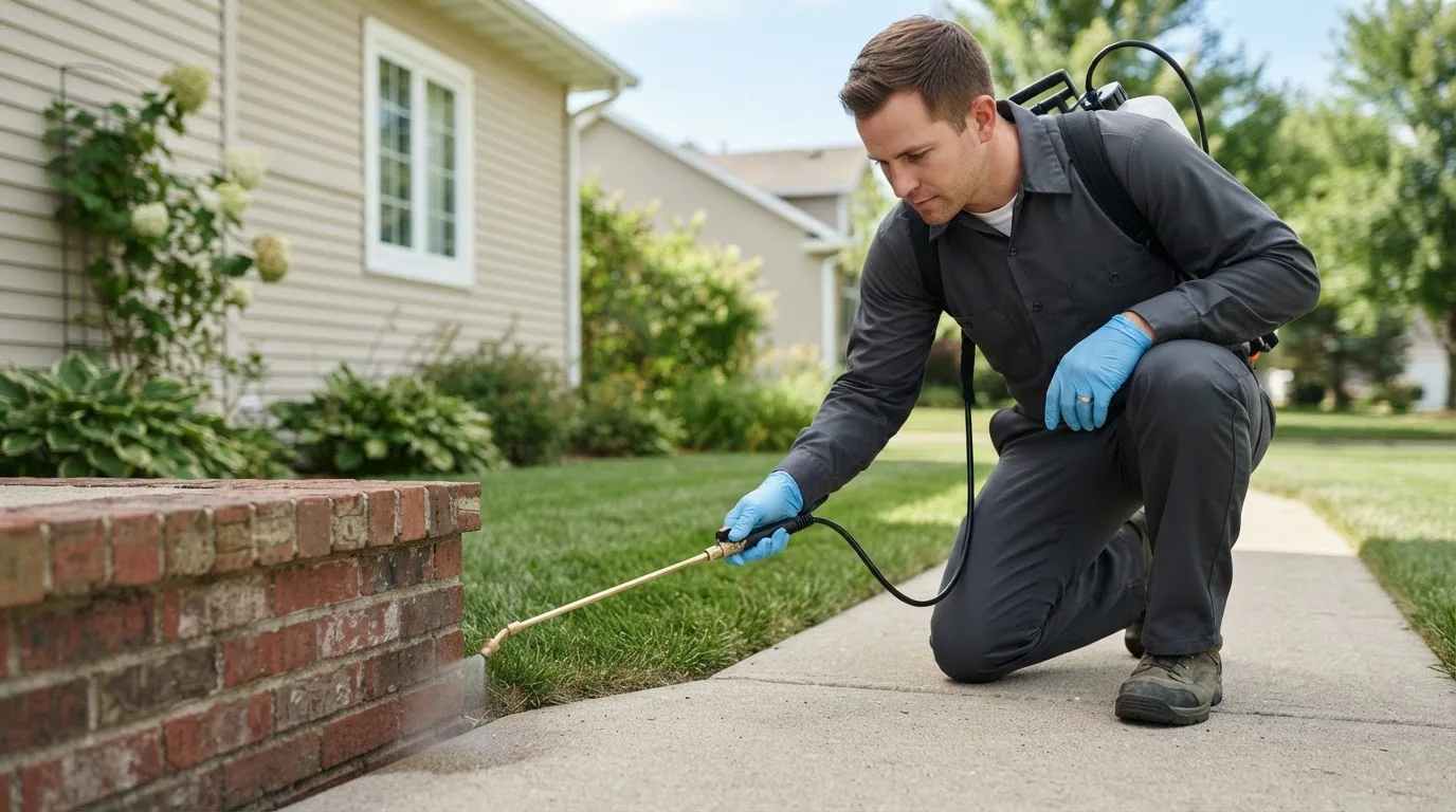Pest control technician treating a home near Bellefontaine, MS